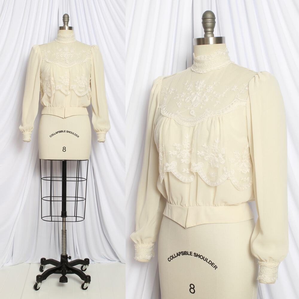 Vintage 1970s does Victorian Blouse 70s Cropped Lace Chiffon Sheer Romantic Top